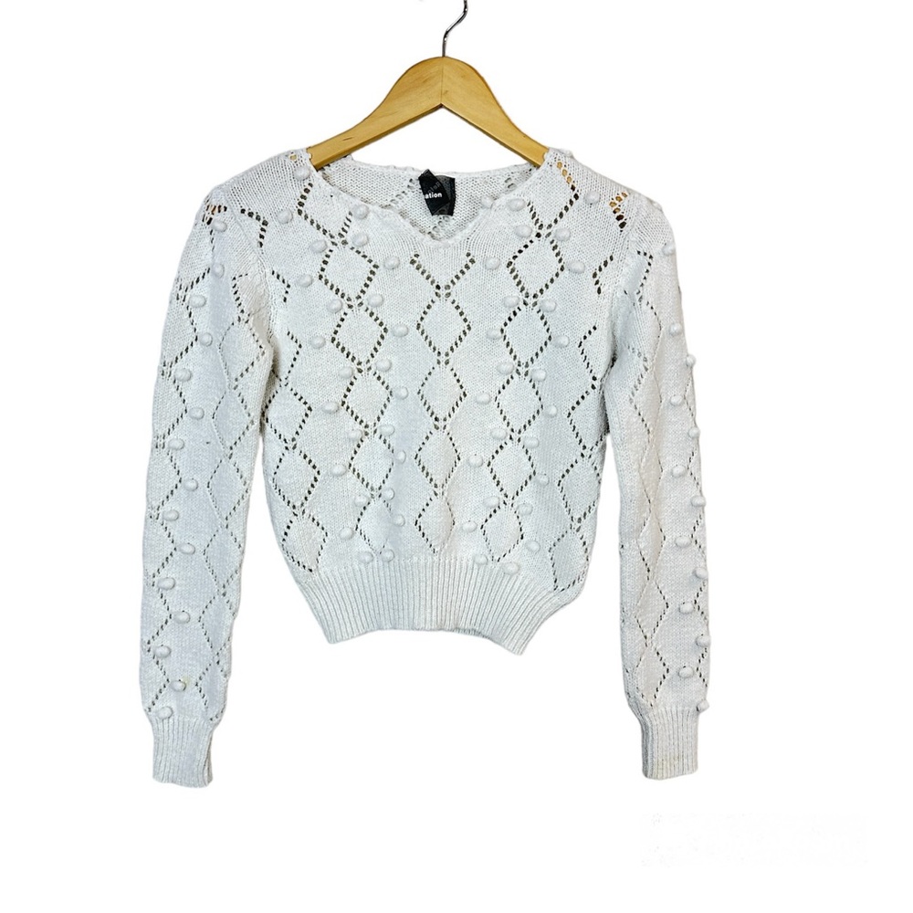 REFORMATION 'Marie' Diamond Open Knit Sweater Ivory Pom Pom‎ Top Women’s Sz XS